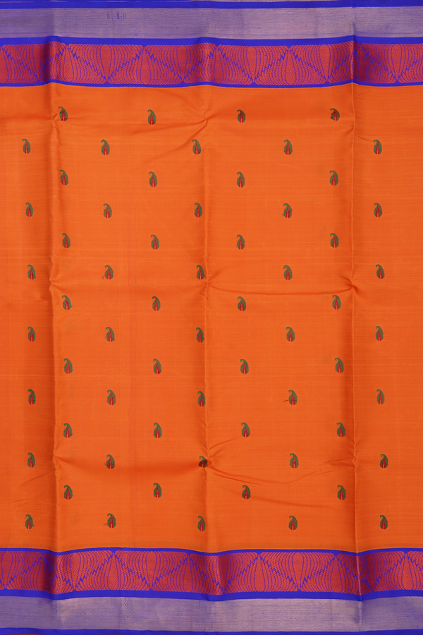 Kanchipuram Silk Saree In Orange With Paisley Buttas