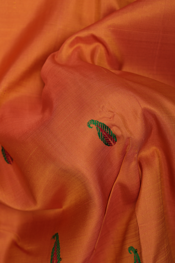 Kanchipuram Silk Saree In Rust Orange With Paisley Buttas