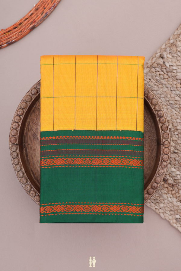 Kanchipuram Silk Saree In Mango Yellow With Checks Design