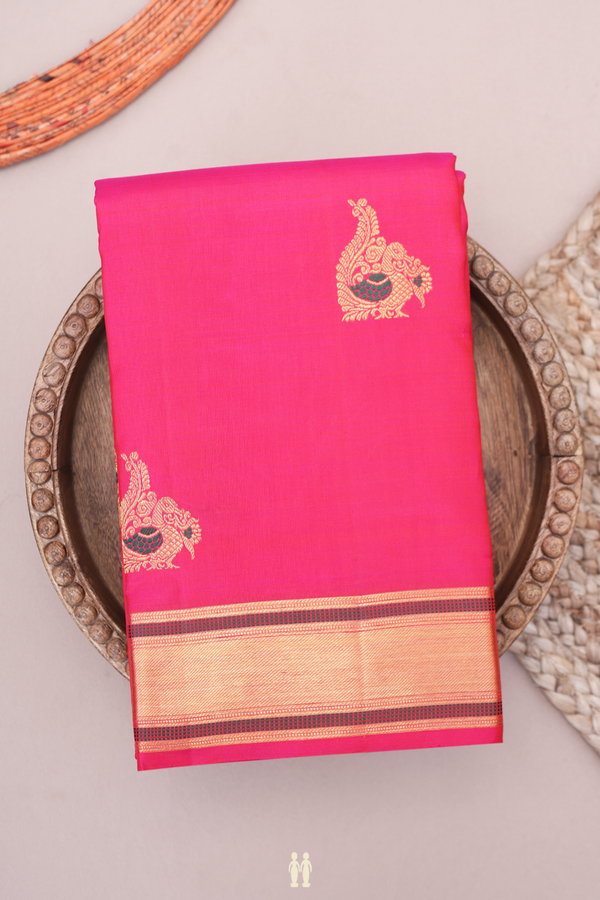 Kanchipuram Silk Saree In Rani Pink With Peacock Buttas