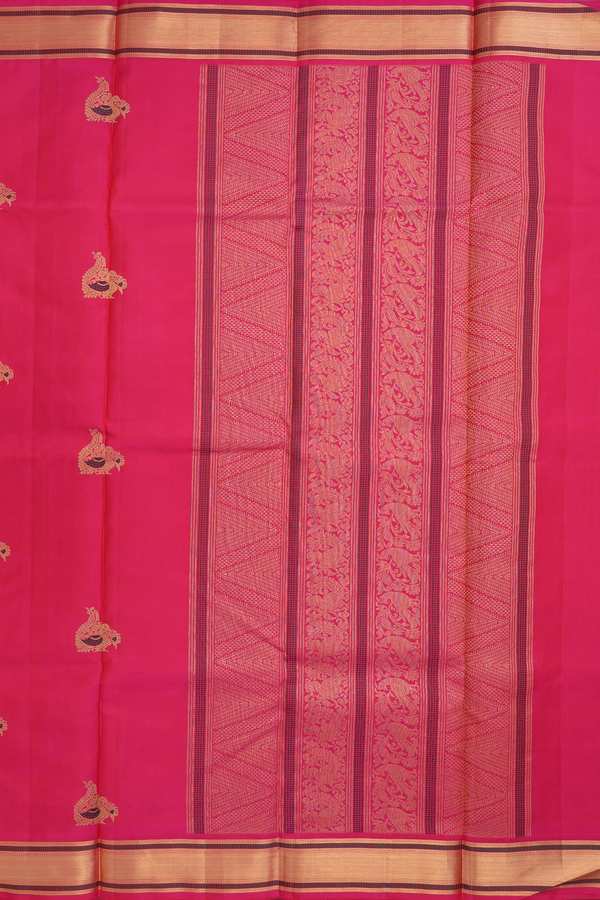 Kanchipuram Silk Saree In Rani Pink With Peacock Buttas