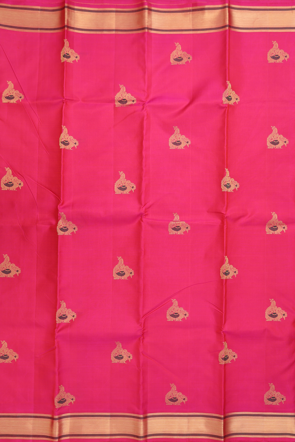 Kanchipuram Silk Saree In Rani Pink With Peacock Buttas