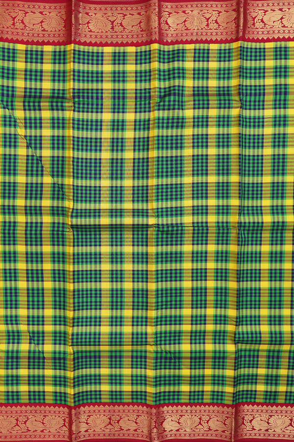 Kanchipuram Silk Saree In Green And Yellow With Checks Design