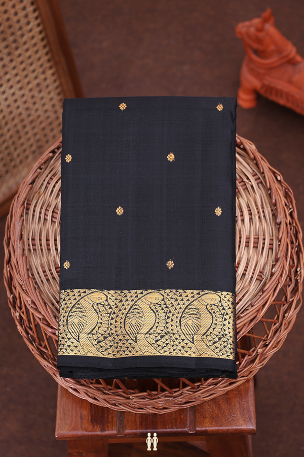 Kanchipuram Silk Saree In Black With Floral Buttis