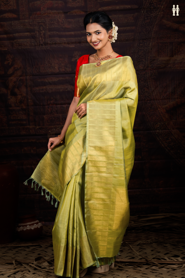 Kanchipuram Silk Saree In Plain Green With Zari Border