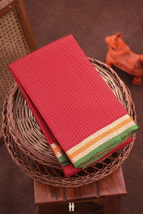 Kanchipuram Silk Saree In Crimson Red With Checks Design