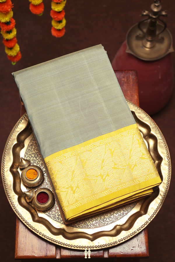 Kanchipuram Silk Saree In Plain Sage Green With Korvai Border