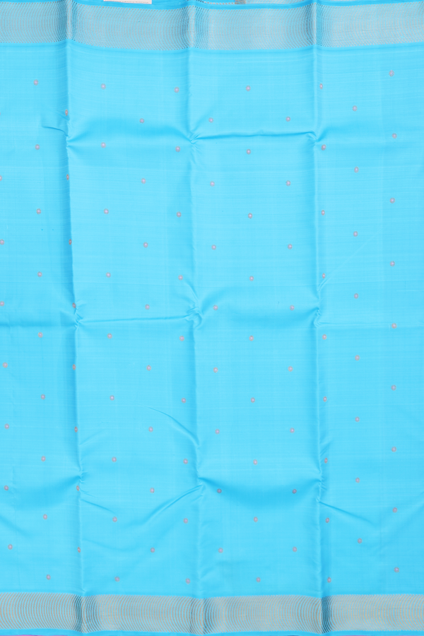 Kanchipuram Silk Saree In Deep Sky Blue With Floral Buttis