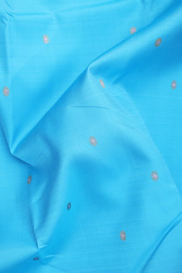 Kanchipuram Silk Saree In Deep Sky Blue With Floral Buttis