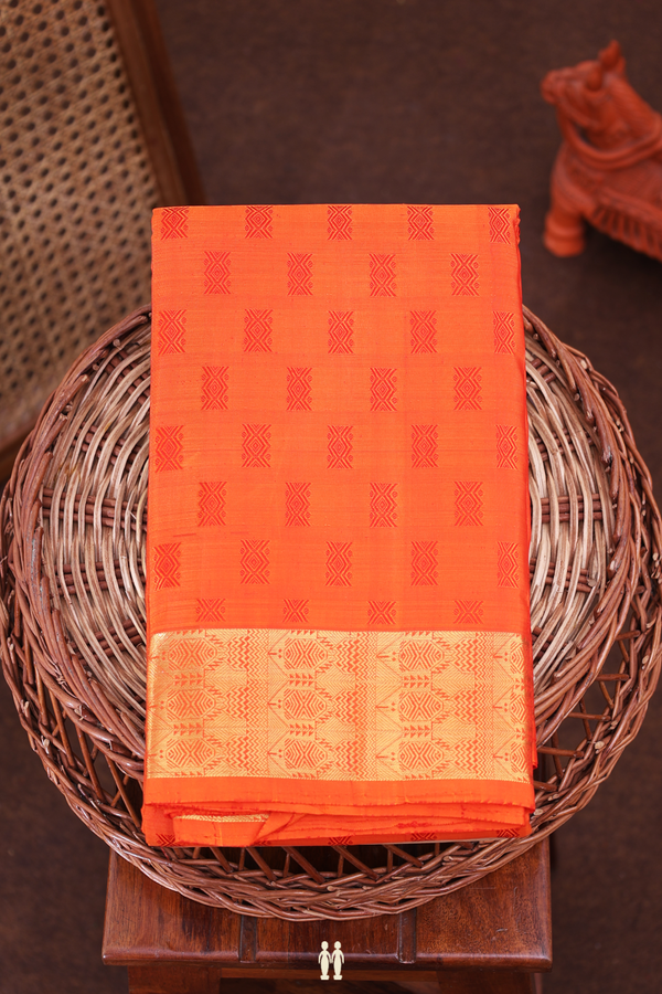 Kanchipuram Silk Saree In Orange With Threadwork Buttas