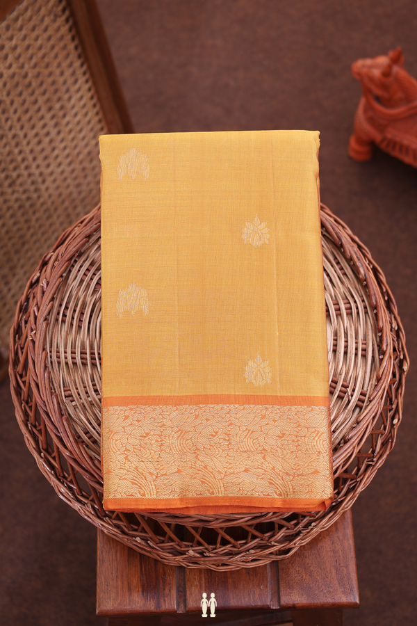 Kanchipuram Silk Saree In Ochre Orange With Zari Buttas