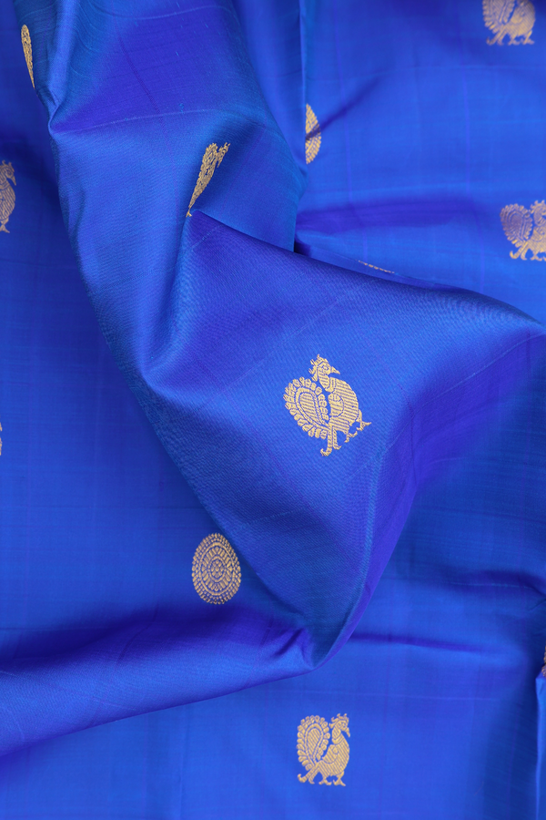 Kanchipuram Silk Saree In Indigo Blue With Peacock Buttas