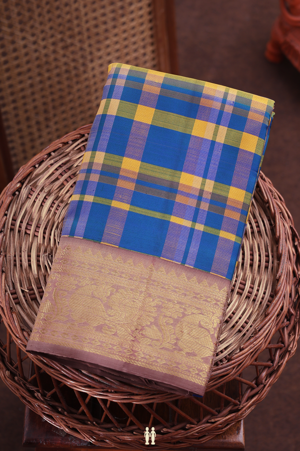 Kanchipuram Silk Saree In Blue And Yellow With Checks Design