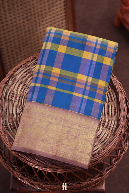 Kanchipuram Silk Saree In Blue And Yellow With Checks Design