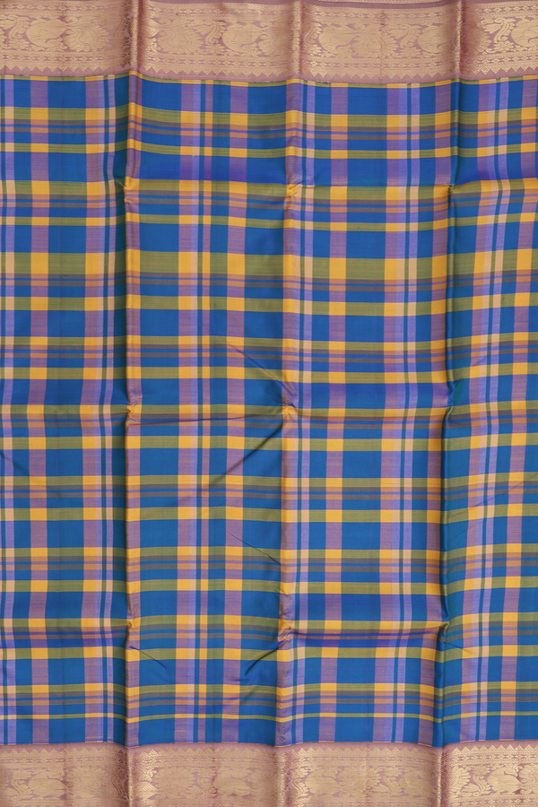 Kanchipuram Silk Saree In Blue And Yellow With Checks Design