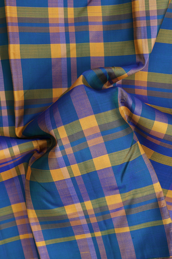 Kanchipuram Silk Saree In Blue And Yellow With Checks Design