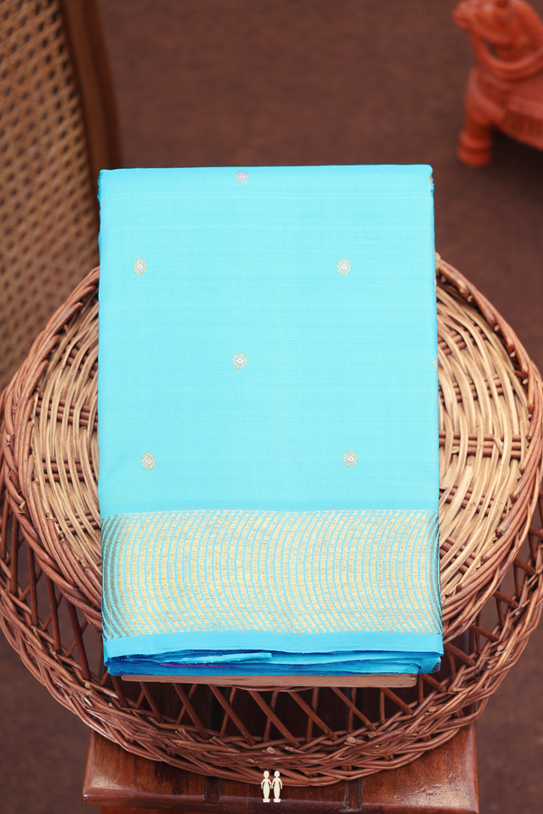 Kanchipuram Silk Saree In Deep Sky Blue With Zari Buttis