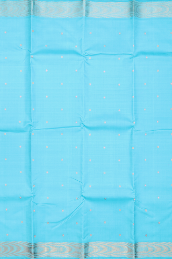 Kanchipuram Silk Saree In Deep Sky Blue With Zari Buttis