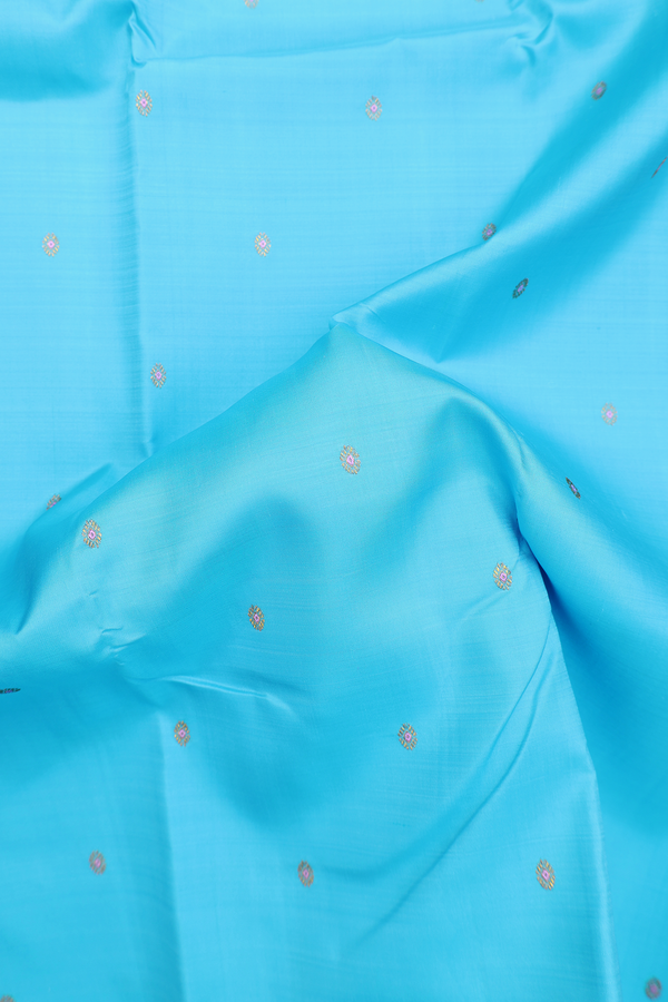 Kanchipuram Silk Saree In Deep Sky Blue With Zari Buttis