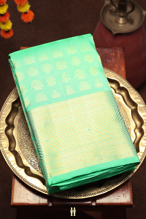 Kanchipuram Silk Saree In Aqua Green With Zari Buttas