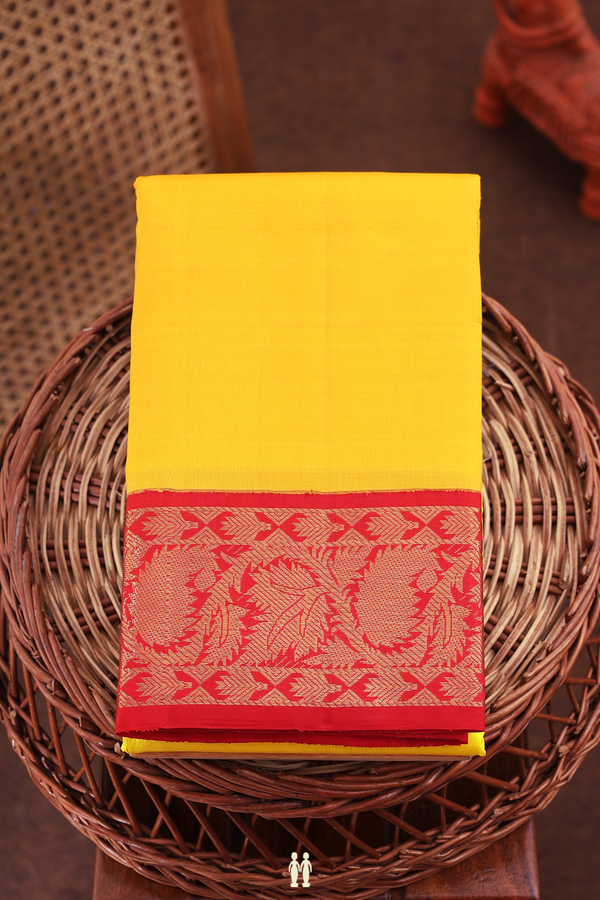 Kanchipuram Silk Saree In Saffron Yellow With Contrast Border