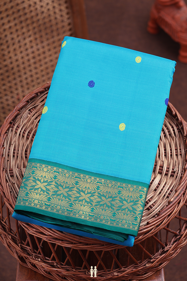 Kanchipuram Silk Saree In Blue With Rudraksh Buttas