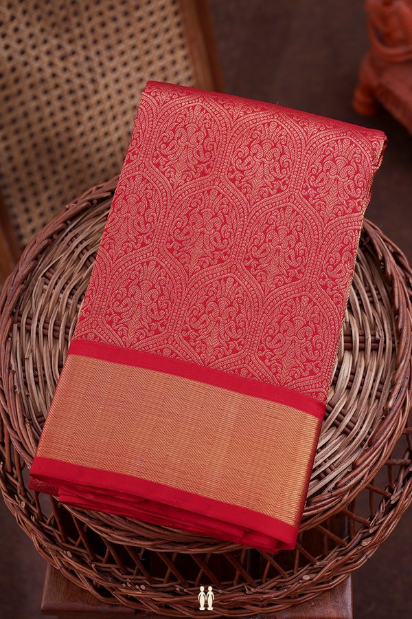 Kanchipuram Silk Saree In Scarlet Red With Brocade Design