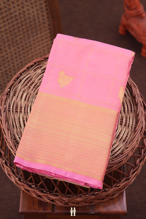 Kanchipuram Silk Saree In Pink Along Checks With Buttas