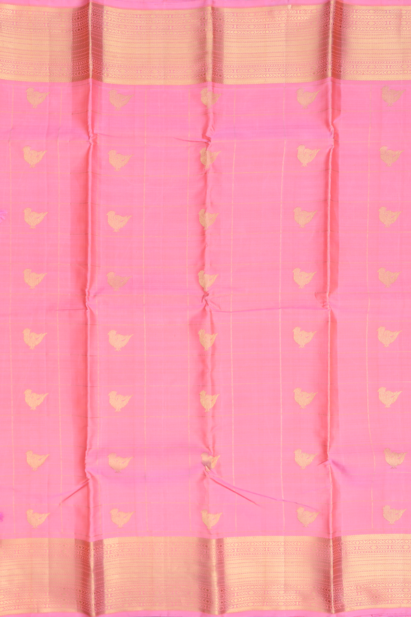 Kanchipuram Silk Saree In Pink Along Checks With Buttas