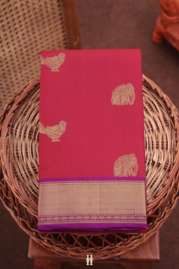 Kanchipuram Silk Saree In Crimson Red With Elephant Buttas