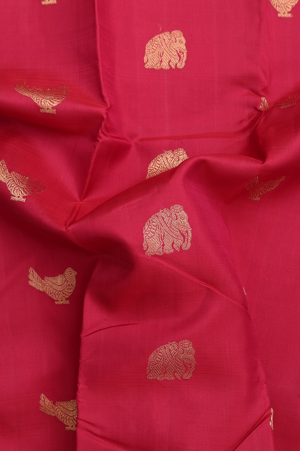 Kanchipuram Silk Saree In Crimson Red With Elephant Buttas