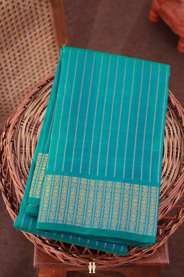 Kanchipuram Silk Saree In Teal Blue With Stripes Design