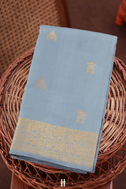 Kanchipuram Silk Saree In Pigeon Blue With Zari Buttas