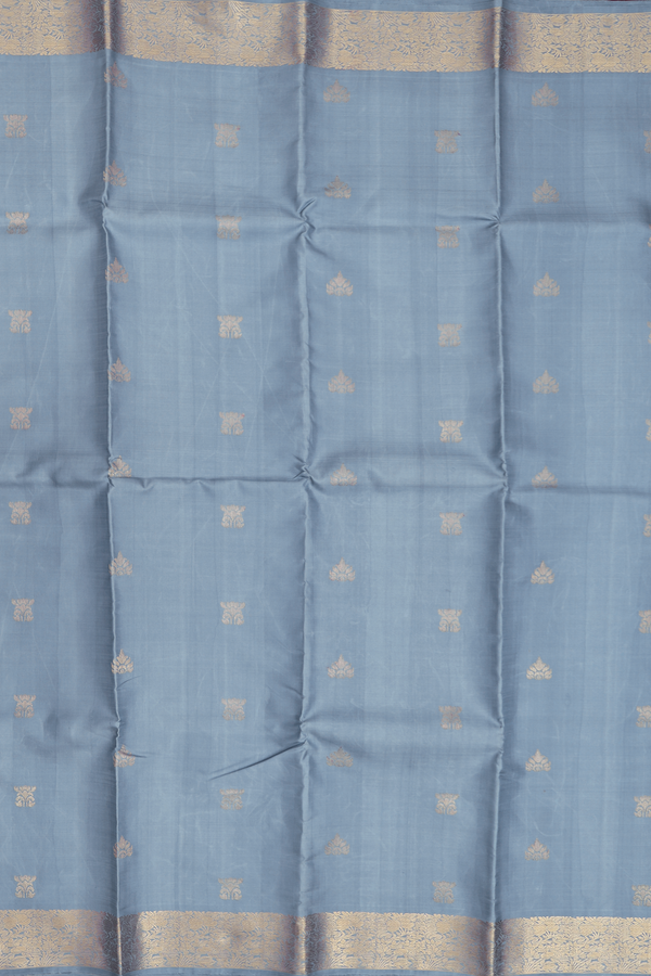 Kanchipuram Silk Saree In Pigeon Blue With Zari Buttas