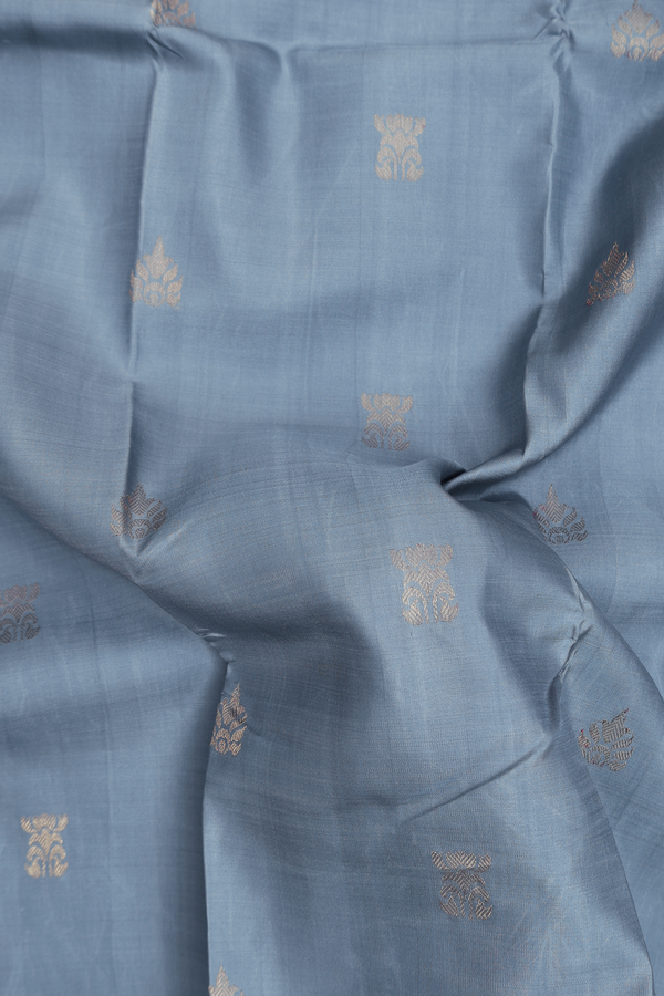 Kanchipuram Silk Saree In Pigeon Blue With Zari Buttas