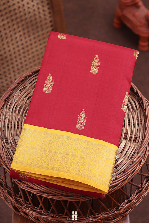 Kanchipuram Silk Saree In Crimson Red With Zari Buttas