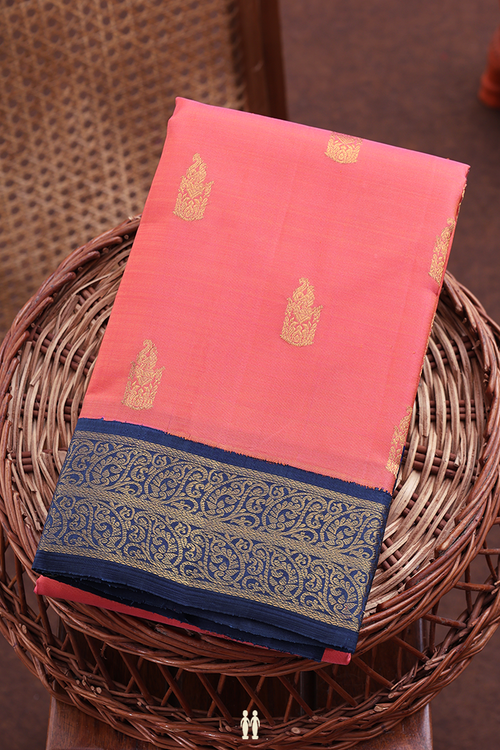 Kanchipuram Silk Saree In Coral Pink With Zari Buttas