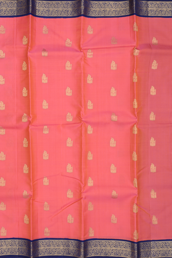 Kanchipuram Silk Saree In Coral Pink With Zari Buttas