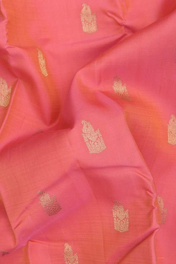 Kanchipuram Silk Saree In Coral Pink With Zari Buttas