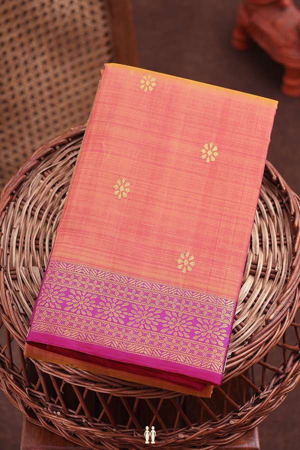 Kanchipuram Silk Saree In Coral Pink With Floral Buttas