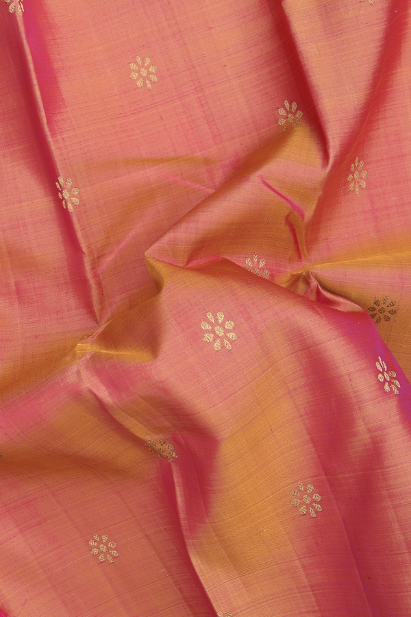 Kanchipuram Silk Saree In Coral Pink With Floral Buttas