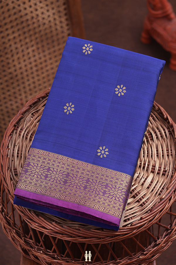 Kanchipuram Silk Saree In Royal Blue With Floral Buttas