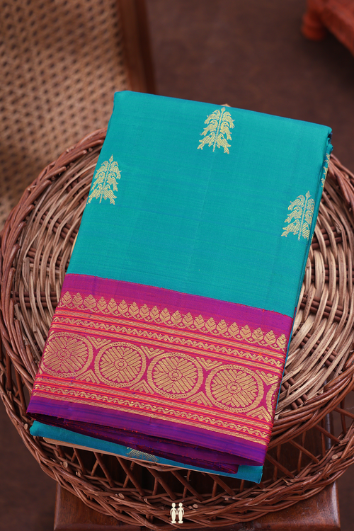 Kanchipuram Silk Saree In Cerulean Blue With Zari Buttas