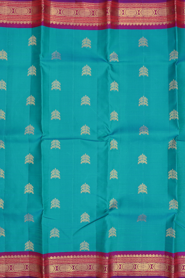 Kanchipuram Silk Saree In Cerulean Blue With Zari Buttas