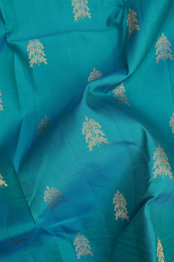 Kanchipuram Silk Saree In Cerulean Blue With Zari Buttas