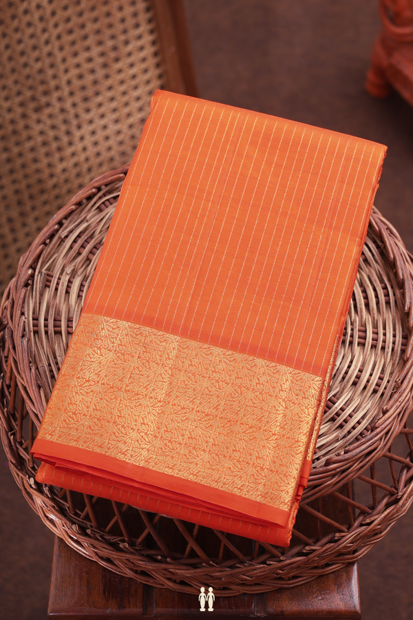 Kanchipuram Silk Saree In Royal Orange With Stripes Design