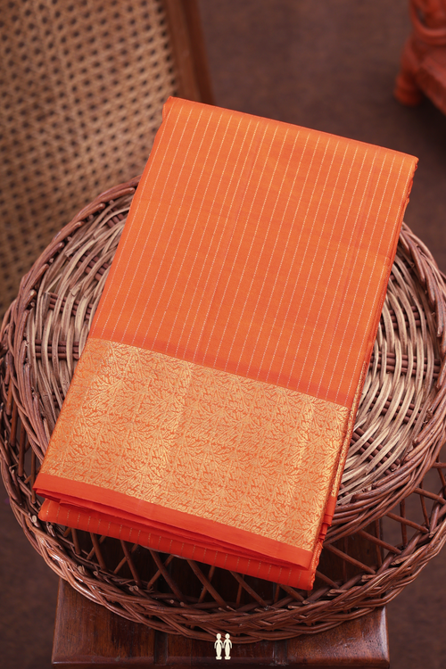 Kanchipuram Silk Saree In Royal Orange With Stripes Design
