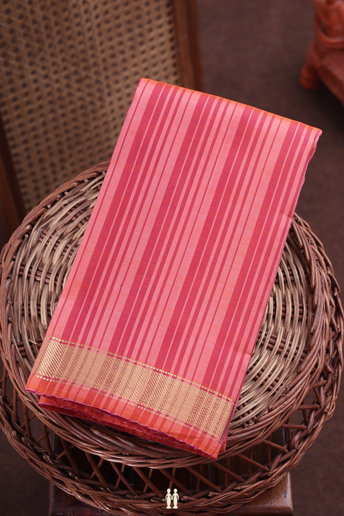 Kanchipuram Silk Saree In Peach Pink With Stripes Design