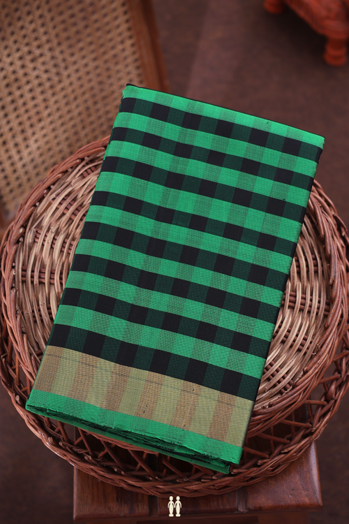 Kanchipuram Silk Saree In Green And Black With Checks Design