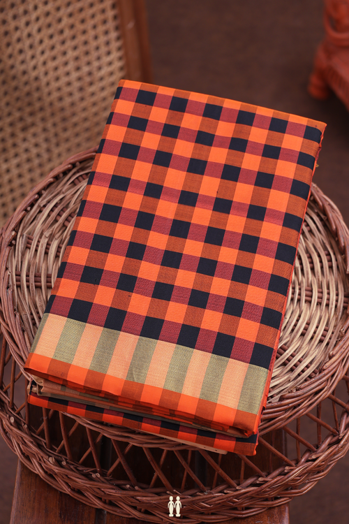 Kanchipuram Silk Saree In Black And Orange With Checks Design